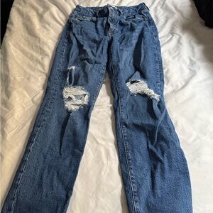 Forever 21 Blue Straight Leg Jeans with Distressed Knees